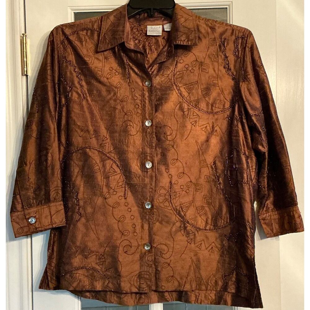 Bleu Bayou Womens M Jacket Brown Embroidered Flowers 100% Silk